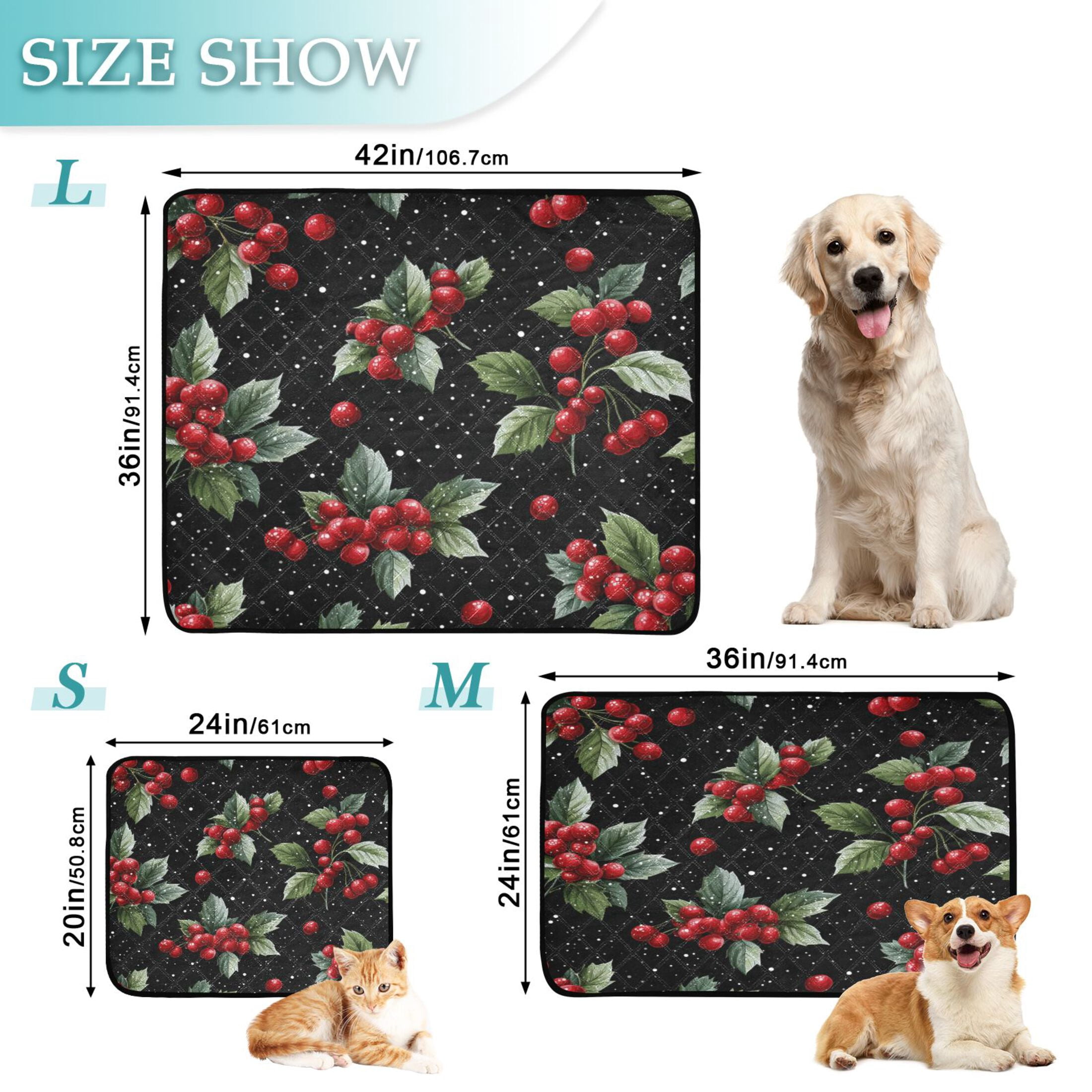 Washable Pet Pee Pads with Super Absorbent Reusable Training Pads for Dogs & Cats Red Holly Berries Pattern