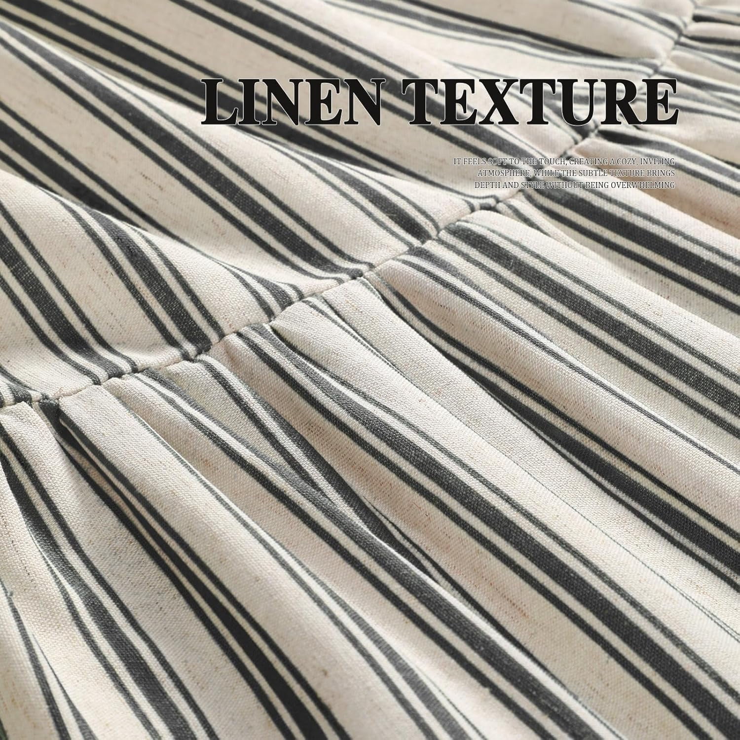 Shower Curtain with Ruffle Hem Linen Shower Curtains for Bathroom Country Vintage Rustic Natural Fabric, Cream-Black Stripe 72" W x 72" L