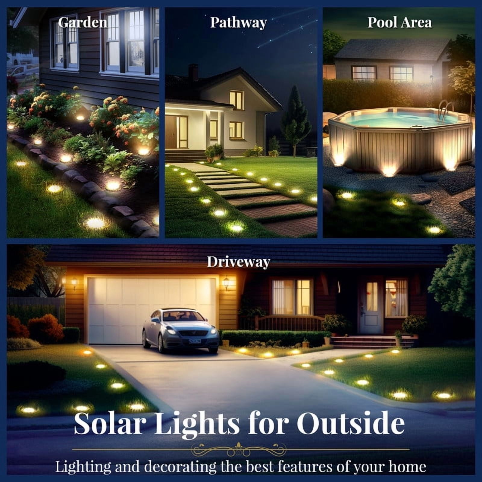 FKHouse 12 Pack Solar Ground Lights Outdoor, 8 LED Waterproof Landscape Lights for Pathway, Yard, Lawn, Patio and Walkway（Warm White）