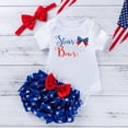 thumbnail image 2 of Xudanell 4th of July Baby Girl Outfits Summer Romper Shorts Headband Summer 3 Pieces Letter Prints Set for 4th of July Party Blue 6-9 Months, 2 of 5