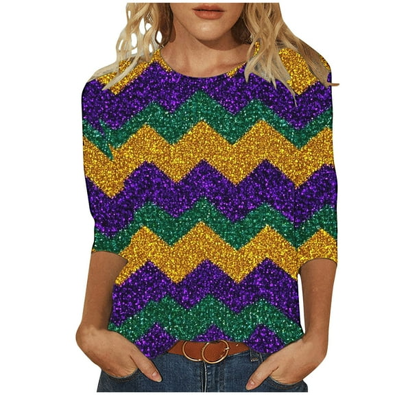 RQYYD Mardi Gras Shirts for Women 3/4 Sleeve Carnival Outfits Funny Masquerade Mask Graphic Tees Tunic Tops Parade Blouses
