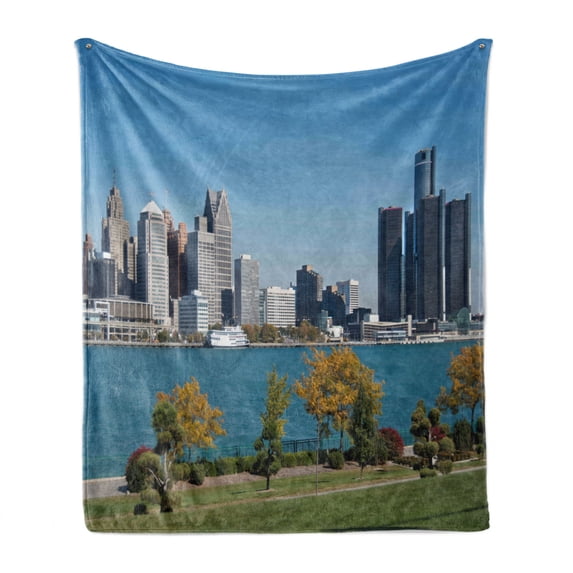 Detroit Soft Flannel Fleece Throw Blanket, Industrial City Center Shoreline River Scenic Panoramic View in a Sunny Day, Cozy Plush for Indoor and Outdoor Use, 60" x 80", Blue Green Grey, by Ambesonne