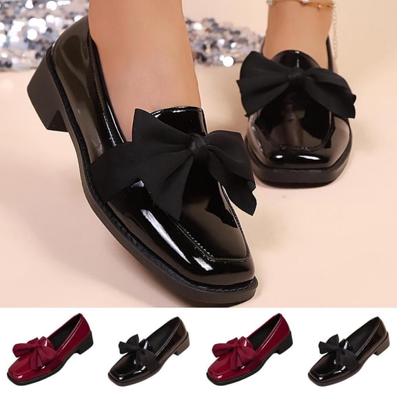 Bxsruta Women's Square Toe Bow Loafers with Low Block Heel Pu Leather Slip on Shoes