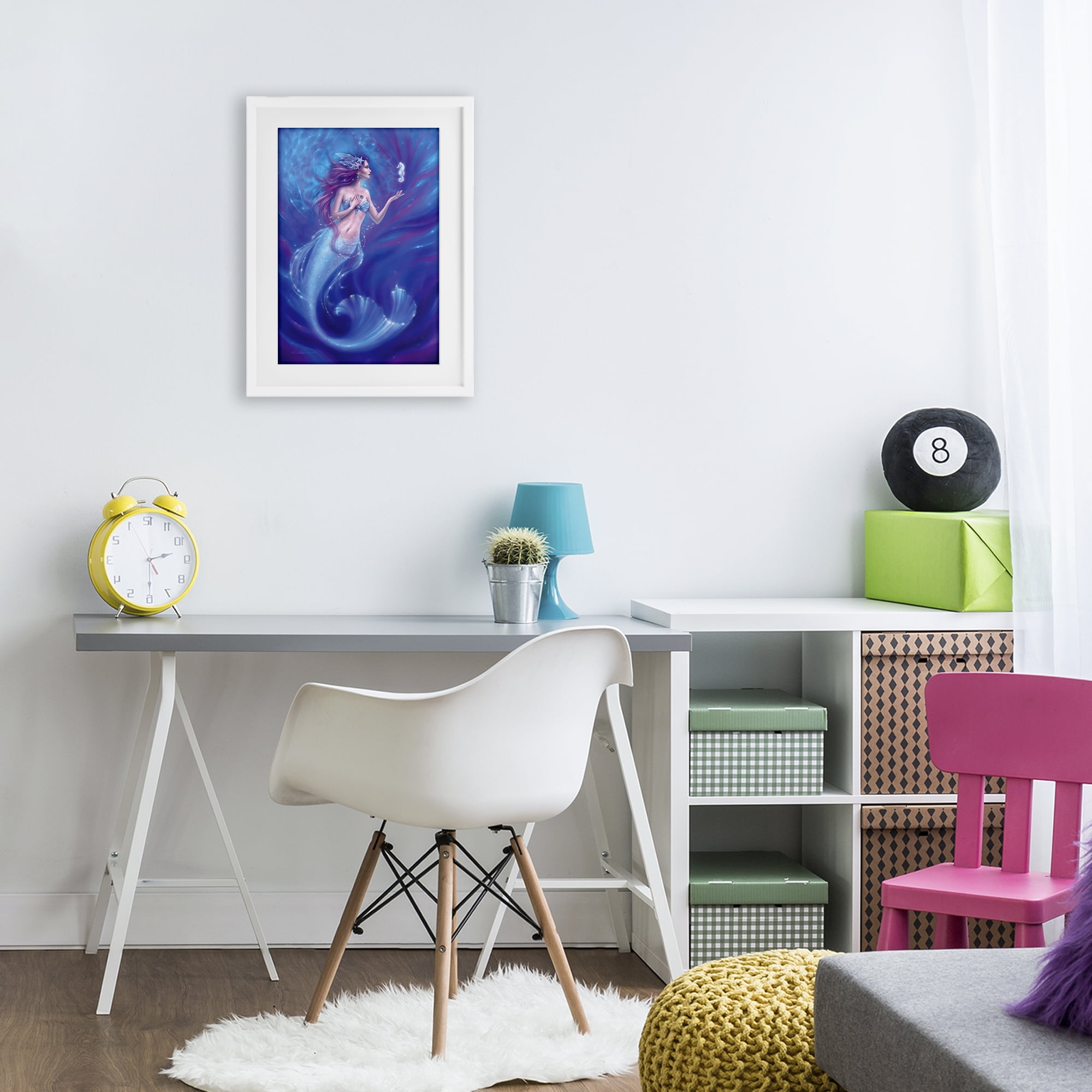 Jewel Bedecked Mermaid & Seahorse White Framed Print Under Glass, design by Rachel Anderson