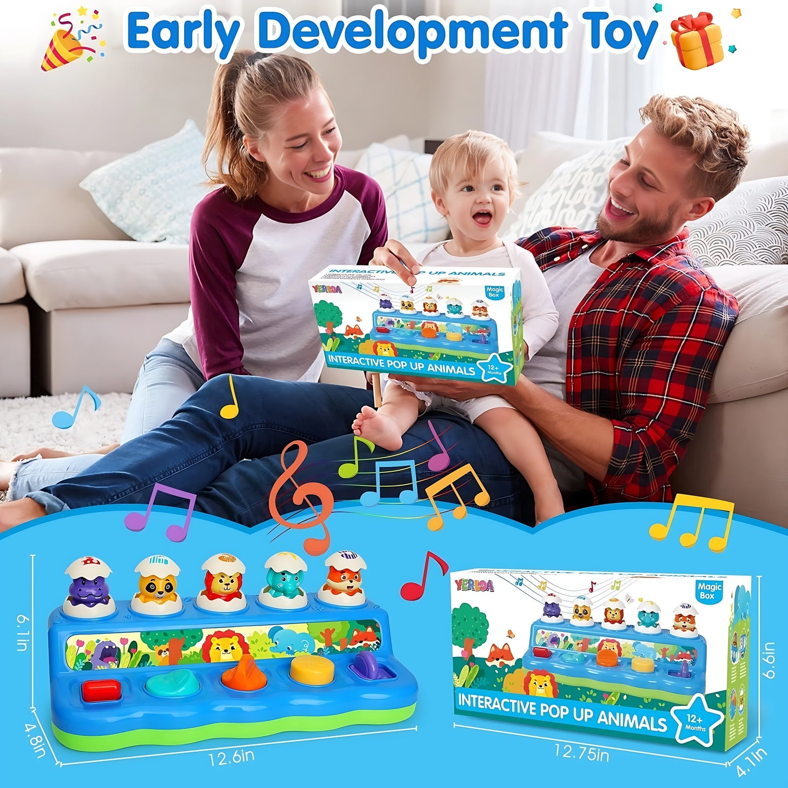 Yerloa Baby Toys 6-12 Months, Interactive Animal Pop Up Toy with Music & Light, Cause and Effect Toys for 1 Year Old, Montessori Early Learning Toys for Toddlers 1-3, Birthday Gift 9-12-18 Months