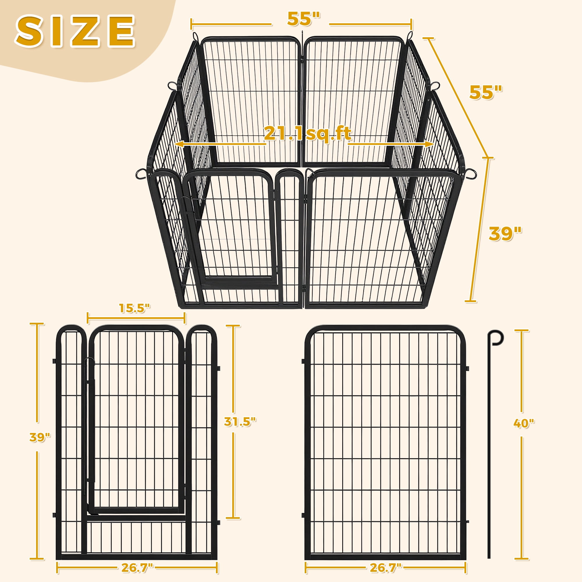 PAWZ Road Dog Crate Heavy Duty for Indoor & Outdoor,40 inch 8 Panels, Metal Dog Playpen for Small Dog RV Camping & Yard, Black