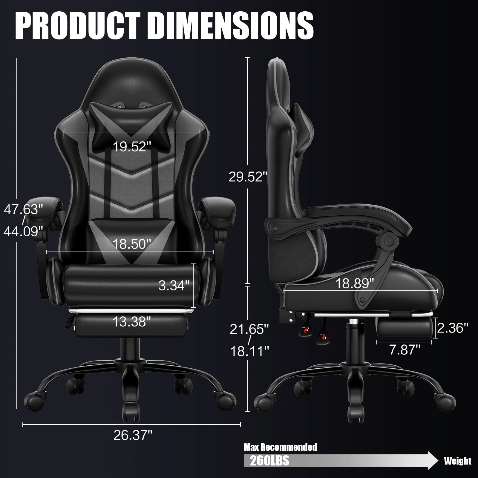 Czlolo Gaming Chair, Lumbar Massager Game Chairs, High Back Reclining, with Headrest Gamer Office Chair.(Gray)