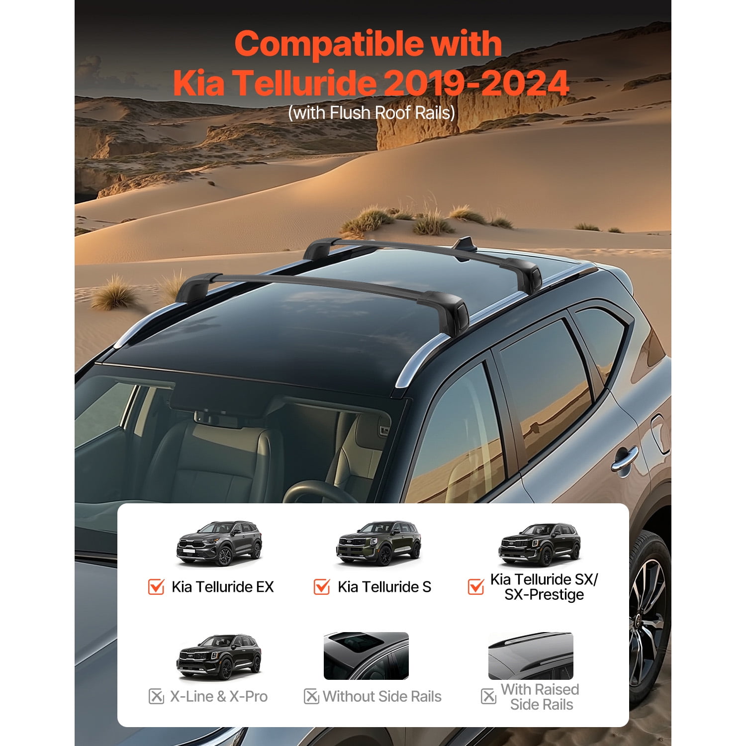 KFFKFF Roof Rack Cross Bars, Compatible with Kia Telluride 2019-2024, Flush Roof Rails, 165 LBS Capacity, Lockable Aluminum Luggage Carrier