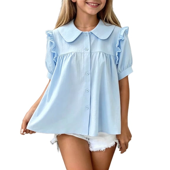 SERTG Girls Peter Pan Collar Blouse Ruffle Puff Sleeve Short Sleeve Button Up Cotton Shirt Casual School Uniform Top For Girls Daily Wear