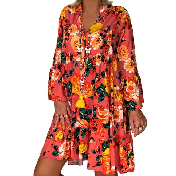 Ruimatai Women Dress Summer Clearance Women's Ladies Loose Print Three Quarter Sleeve Mini Dress Summer Dress