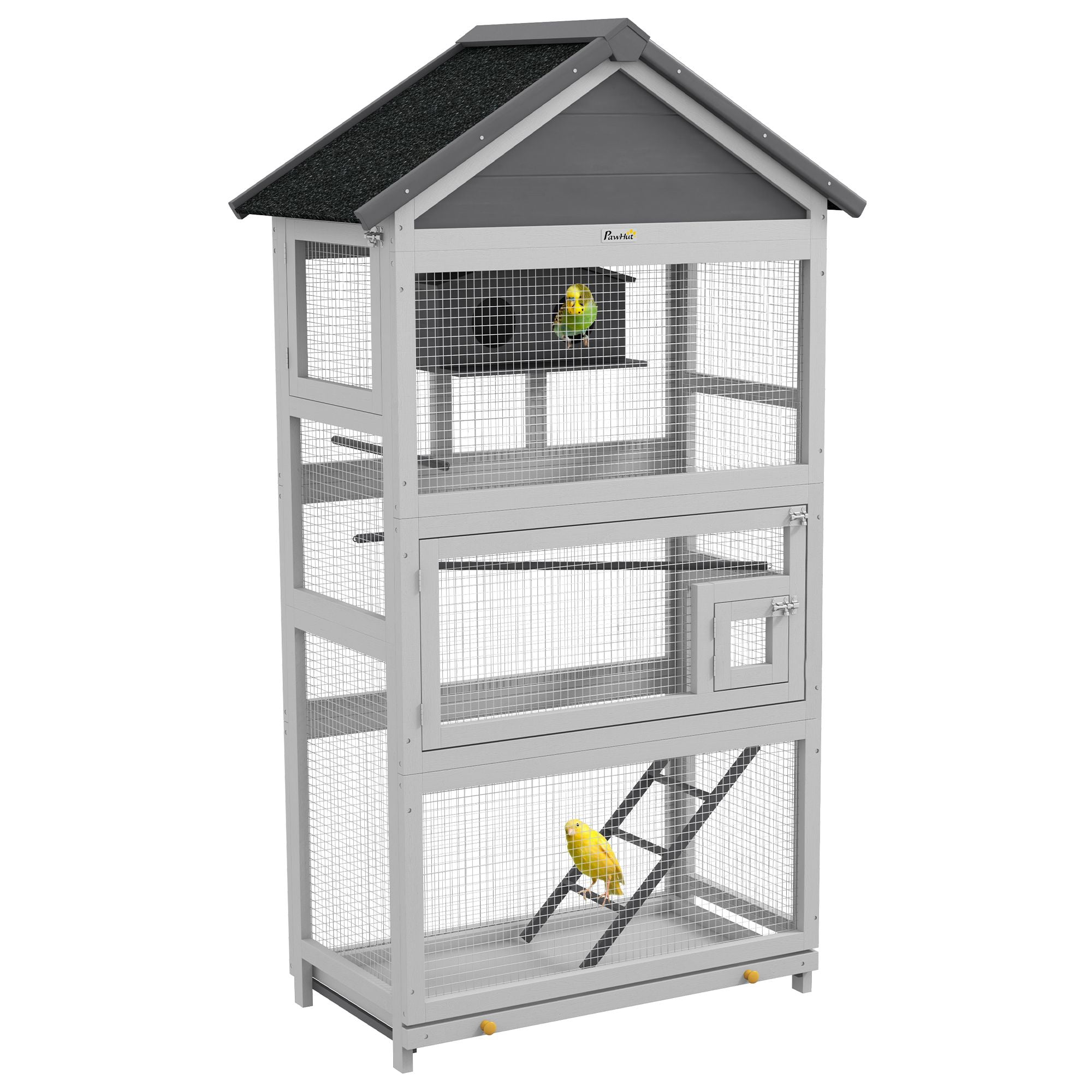Bird Cage with Stand, Fir Wood and Steel Construction, Gray Outdoor Aviary for Finches and Parakeets, 26.5 x 14.25 x 8.07 in
