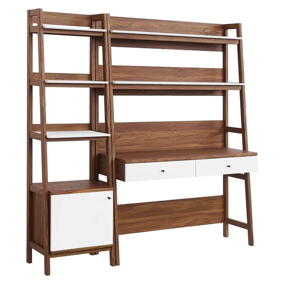 Pemberly Row 2-Piece Wood Office Desk and Bookshelf-Walnut/White