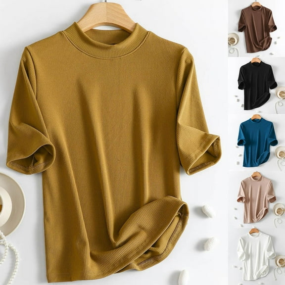 Fanxing Womens Summer Tops Fashion Knitted T Shirts Dressy Casual Mock Neck Pullover Half Sleeve Tops 2025 Trendy Womens Clothes Black,XL