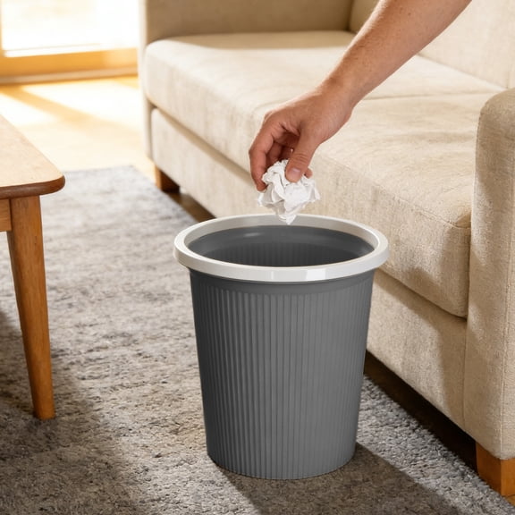 Kumdkd Small Trash Can with Pressure Ring, 9x8.2 Inch Compact Plastic Wastebasket Garbage Bin for Bathroom, Bedroom, Office, Kitchen, Dorm & Small Spaces, Modern Gray Design