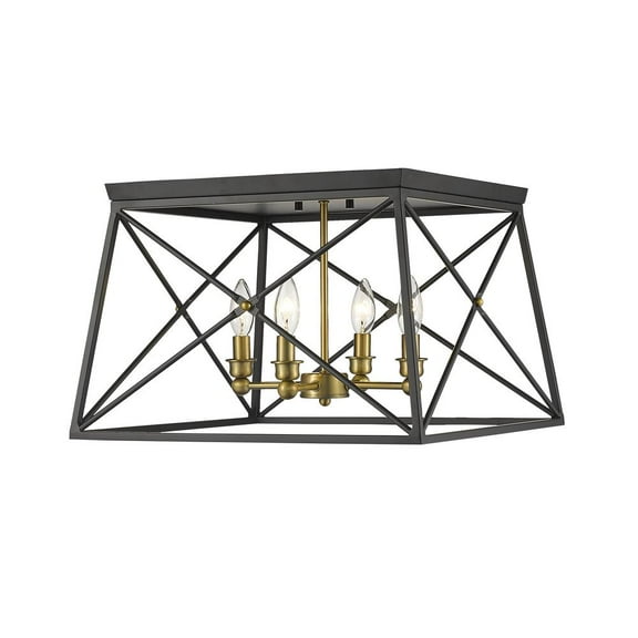 Z-Lite Trestle 4 Light 21" Square Steel Cage Flush Mount in Black and Brass