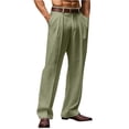thumbnail image 2 of Nestiefly Mens Linen Casual Dress Pants Old Wide Leg Baggy Pleated Slacks Elastic Waist Work Vacation Trousers Army Green M, 2 of 7