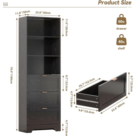 Modern Black Industrial Bookshelf with Drawers, 6-Tier Tall Storage Unit for Living Room Office