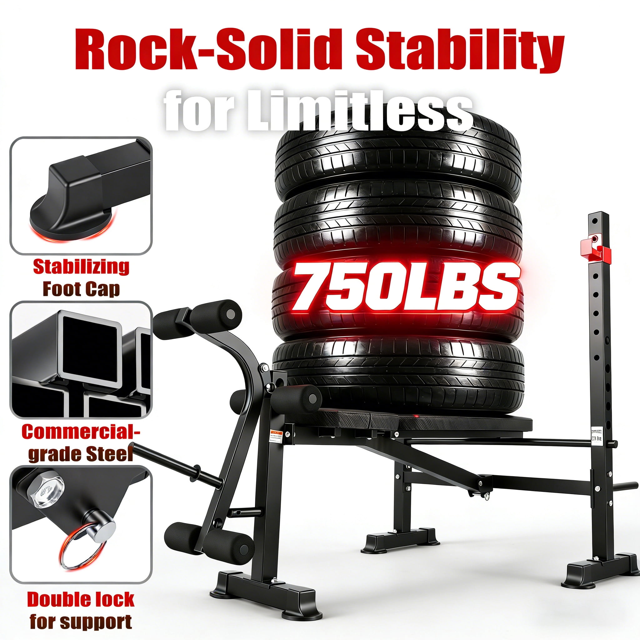 Foldable 750LBS Weight Bench with Bench press rack, Adjustable Workout Bench Set with Leg Extension/Curl,Standard Bench Press Set for Home Gym Full Body Training