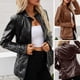 thumbnail image 3 of Chaqueta de cuero sintético para mujer Chaqueta delgada de motocicleta con bolsillos con cremallera Abanopi Café/3X-grande, 3 of 7