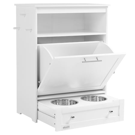 Dog Beds PawHut Pet Feeder Station Storage Cabinet Dog Food Storage Container with Dog Raised Bowls and Hanger for Feeding & Watering Supplies White Cat Beds