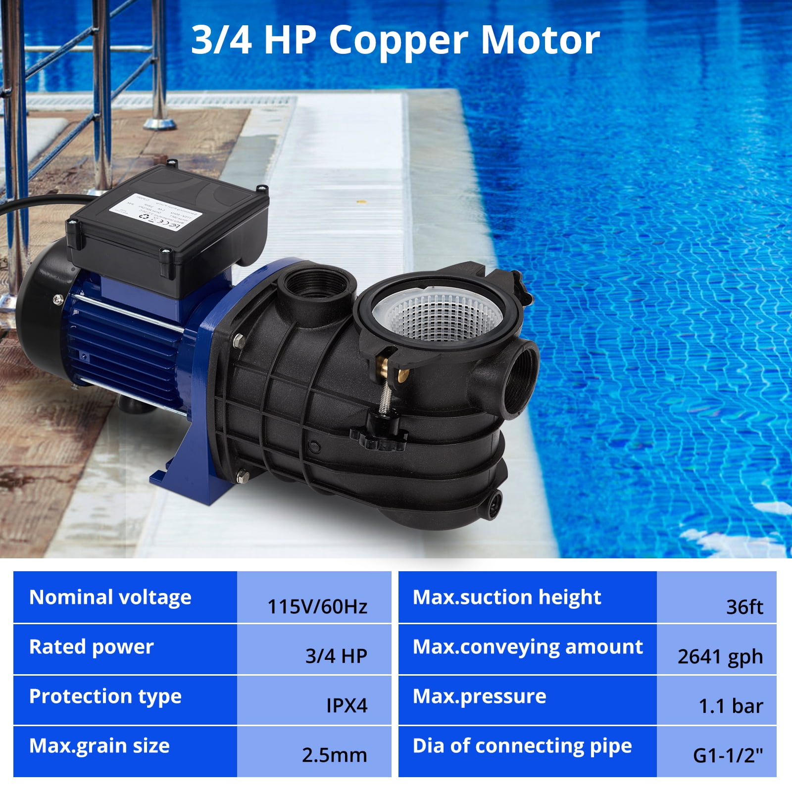 Kicctian High Current Self-Priming Pool Pump, 3/4HP 550W for Inground & Above Ground Pools, 2641GPH, Low Noise, with Filter Basket, Single Speed, Thermal Overload Protection for Clean Water