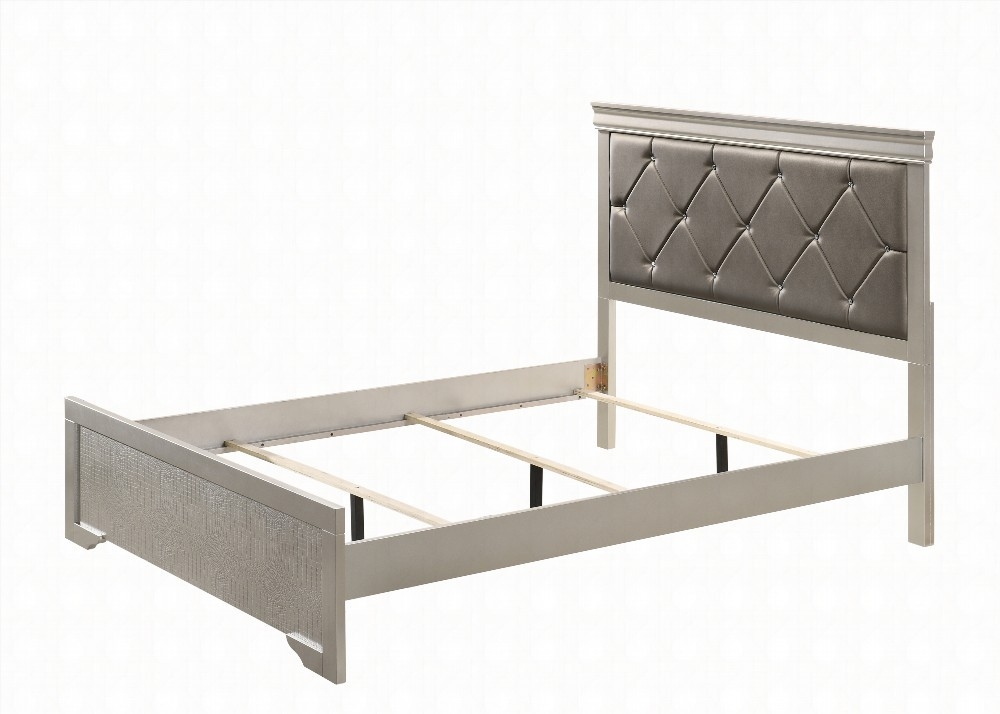 King Size wooden platform bed frame with beige champagne finish and crocodile texture upholstered headboard, silent and stable for master bedroom.