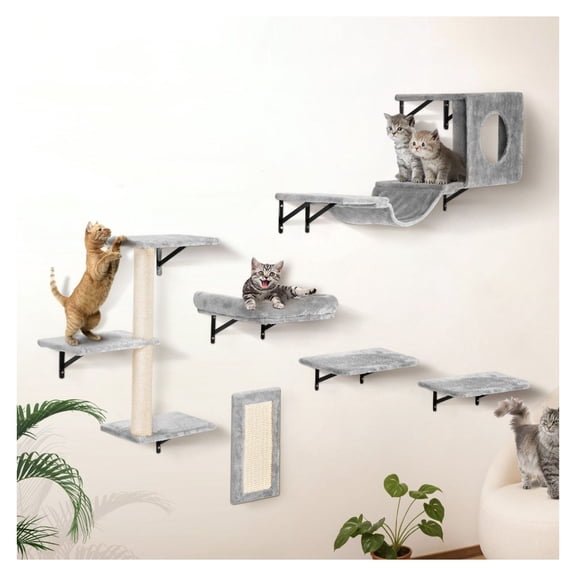Wall Mounted Cat Shelves Tree, 6Pcs Cat Wall Furniture with Jump Boards, Hammock, Sofa, Grip - Modern Cat Wall Shelves for Indoor Cats