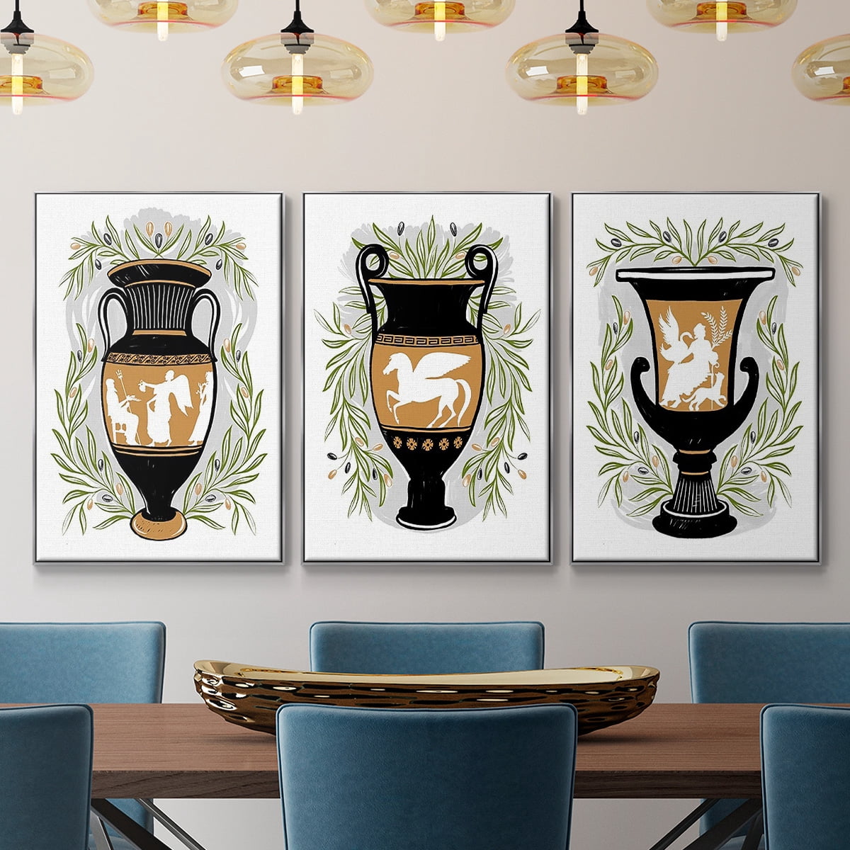 Greek Vases I - Framed Premium Gallery Wrapped Canvas L Frame 3 Piece Set - Ready to Hang