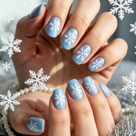 Short Christmas Press on Nails 24Pcs, Blue Gradient Snowflake Glossy Spooky Fake Nails Set, Reusable False Nails for Holiday Party Daily Wear Women Girls, Christmas Nail Art