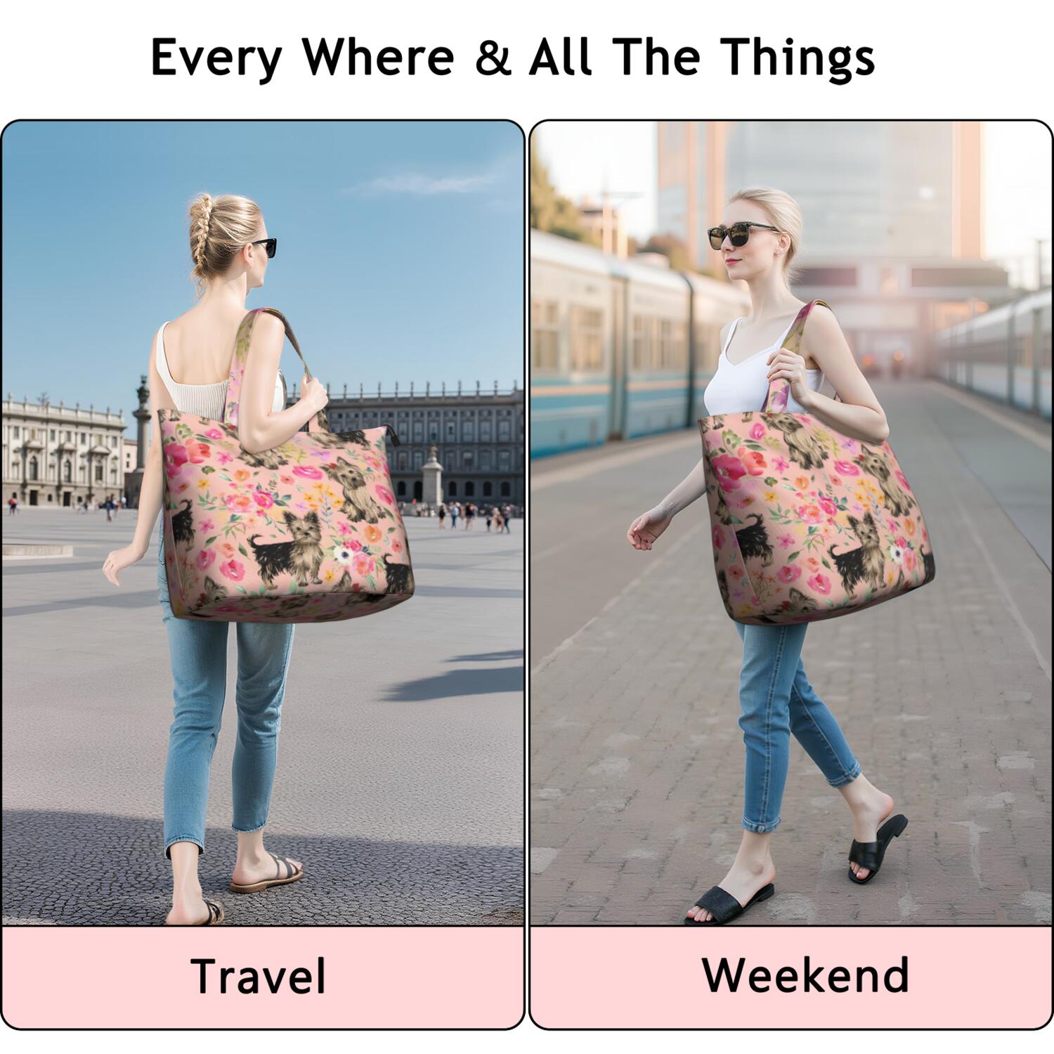 Yorkie Dog and Flower Florals Travel Tote Bags for Women Carry On,Large Weekender Bags for Women Travel,Multi Functional Duffle Bag for Work,Shopping,Sports