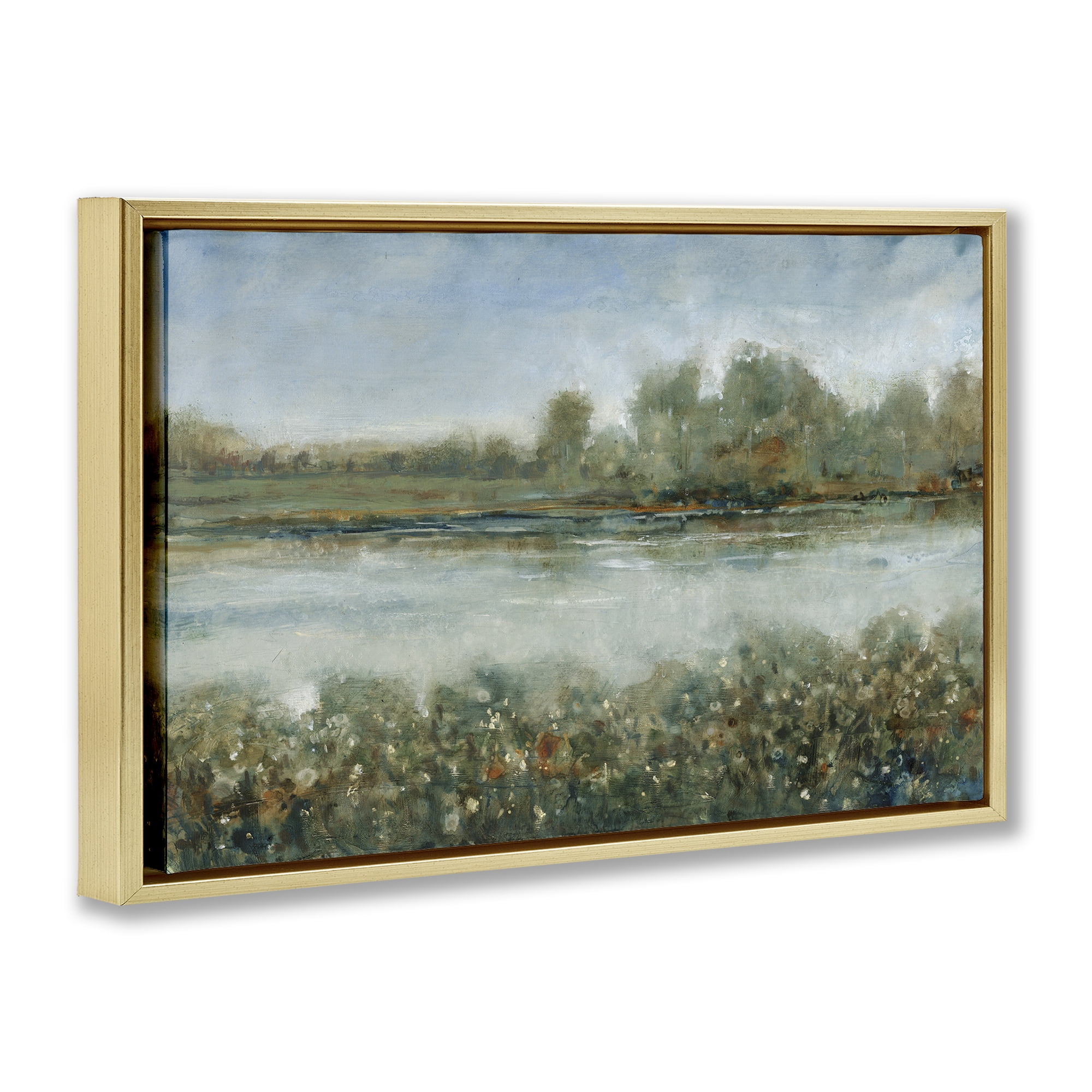 Stupell Industries Vegetation Lining River Landscape & Nature Painting Gold Floater Framed Canvas Art Print Wall Art, 25 x 17