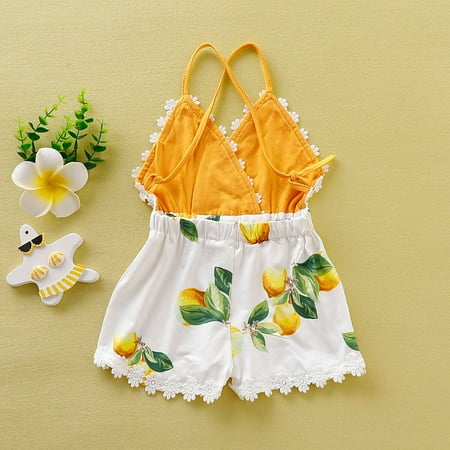

Baby Girls Jumpsuit Sling Lemon Printed Floral Lace Hollow Back Loose Romper Summer One-Piece Short Wide Leg Pants Jumpsuit