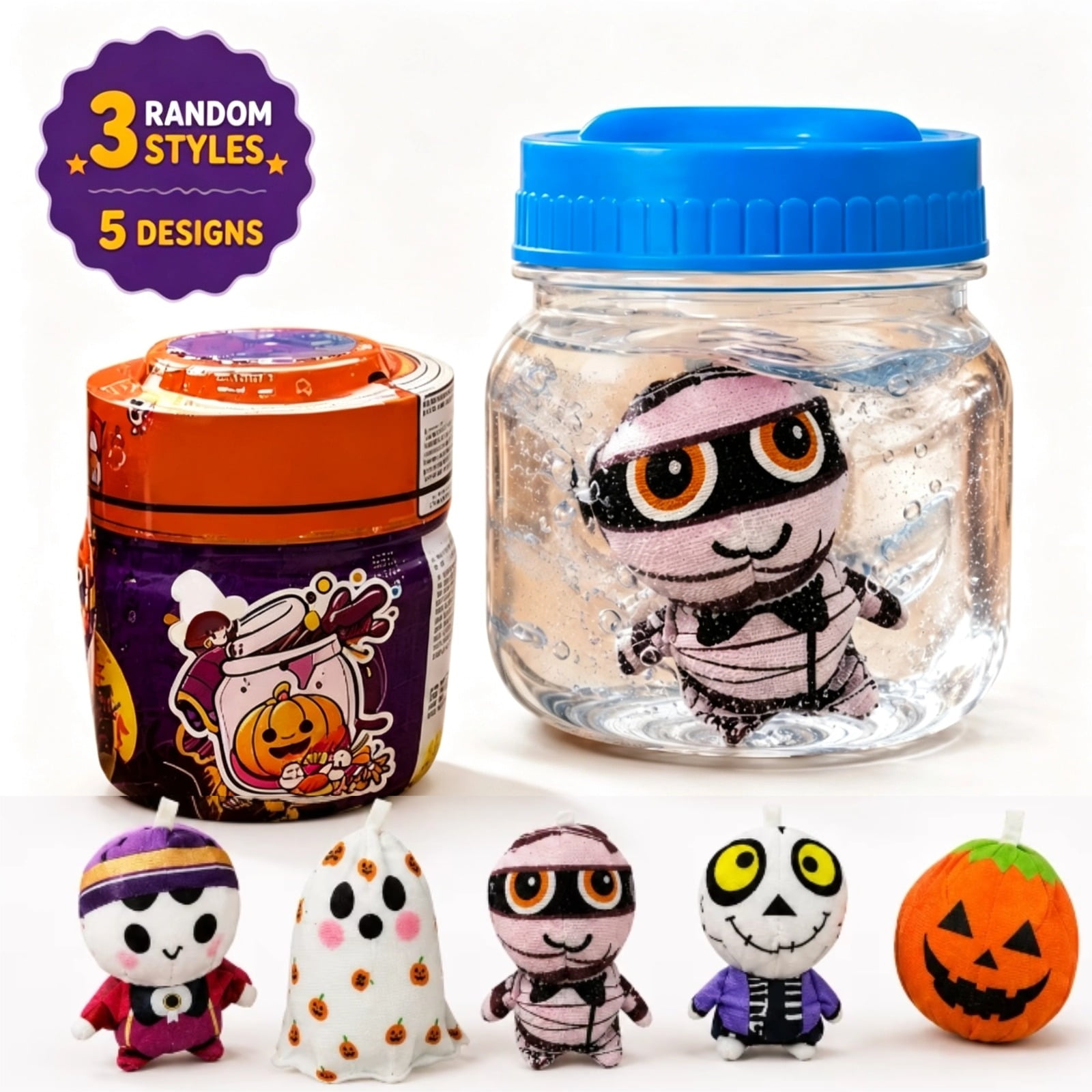 3Pcs Halloween Magic Surprise Plush Novelty Wobble Toy Water Magic Surprise Figure Portable Storage Can Halloween Classroom Reward Stress Relief Toy For Children Age 5 Up