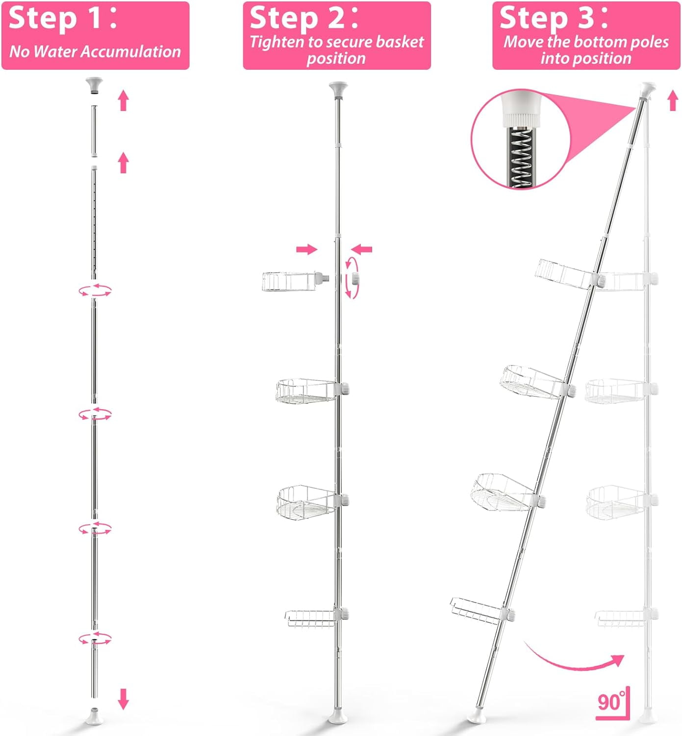 DEROFIT Shower Organizer Caddy 39-125" Stainless Steel Shower Shelves Rack for Inside Shower Bathroom Bathtub Caddy Rustproof Tension Pole Silver