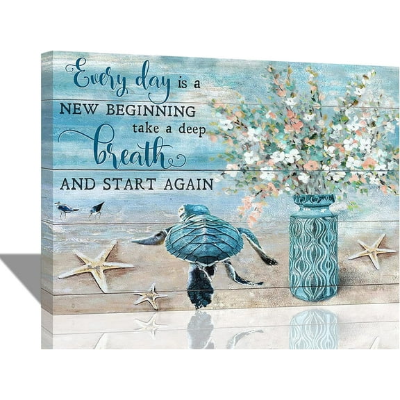 Beach Bathroom Decor Wall Art Sea Turtle Flowers Canvas Painting Blue Ocean Coastal Seascape Theme Picture Rustic Floral Poster Inspirational Quotes Modern Home Framed Artwork for Bedroom 16"x12"