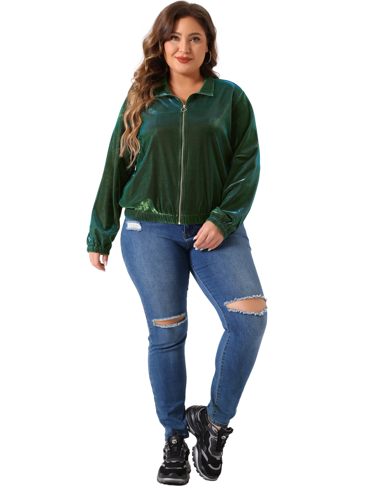DARING DIVA Plus Size Holographic Long Sleeve Zip Up Mesh Jackets 1X Green