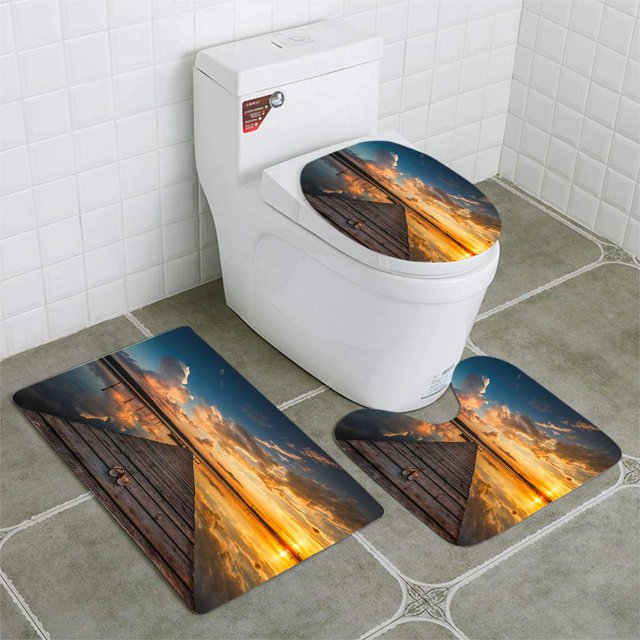 ABPHQTO Pequeño muelle y barco en el lago Juego de alfombras de baño de 3 piezas Alfombra de baño Alfombra de contorno y tapa de inodoro ABPHQTO Cont-CHAPPLE-35894
