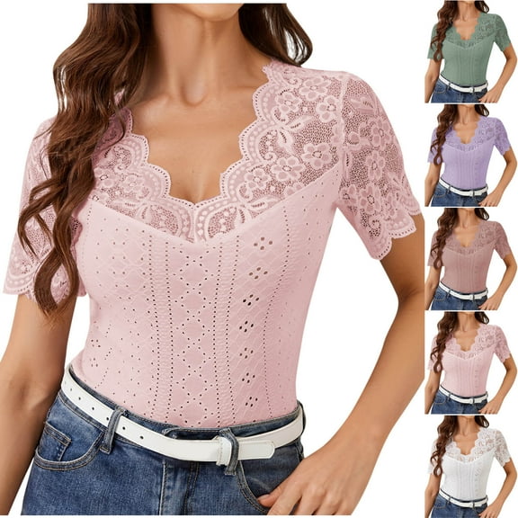 pstuiky Womens Short Sleeve T Shirts Loose Casual Blouses Solid Blouse V Neck Short Sleeve Shirts Lace Trendy Women's T Shirts Army Green L