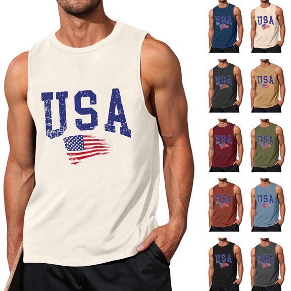 Men's Retro USA Flag Tank Top with Sleeveless Cut and Loose Fit Design Featuring Vintage Style for Summer Vacations Beach Trips Beige L