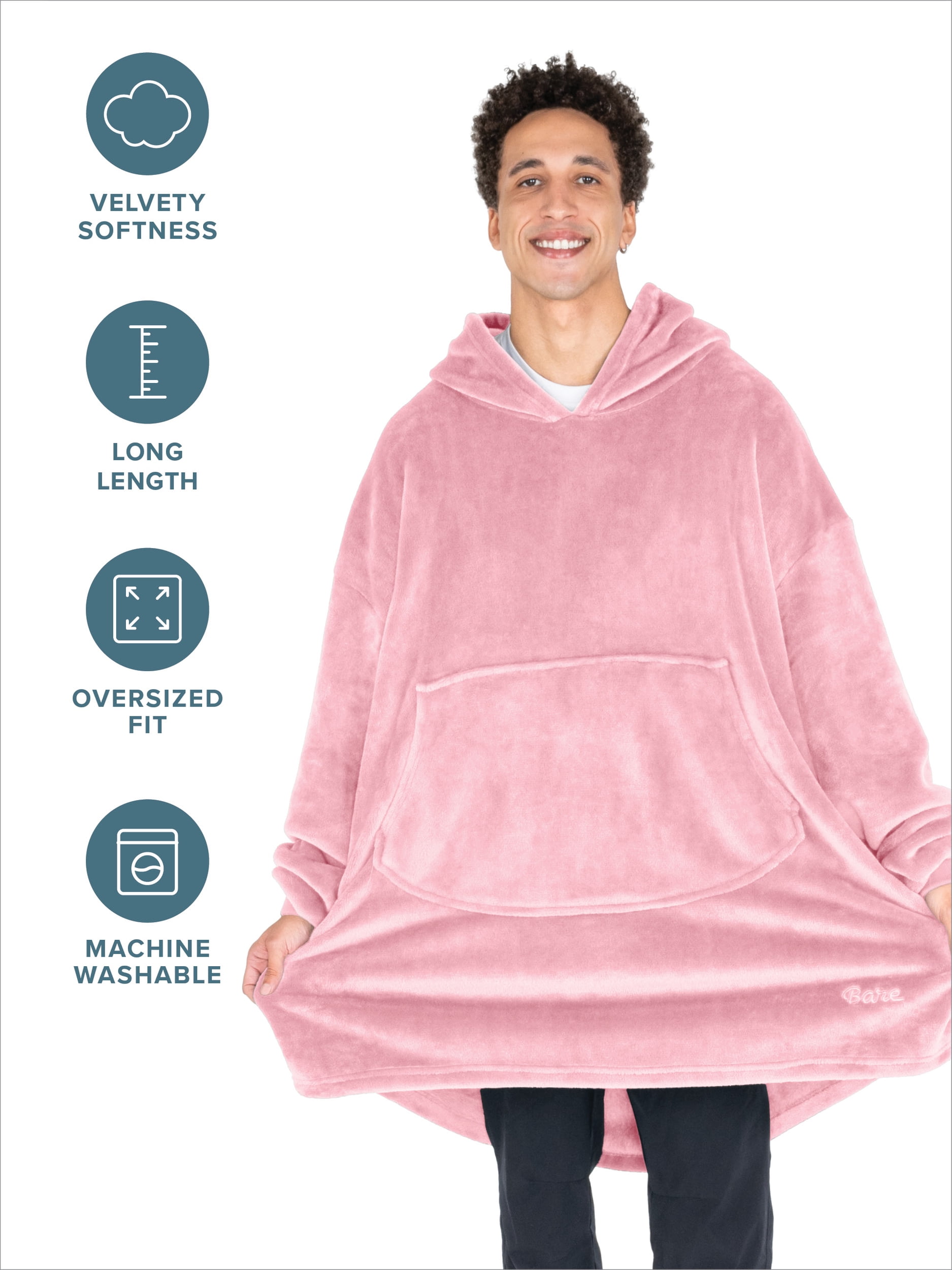 Bare Homey Adult Size Microplush Wearable Blanket, Round Trapezoid Pocket, Light Pink