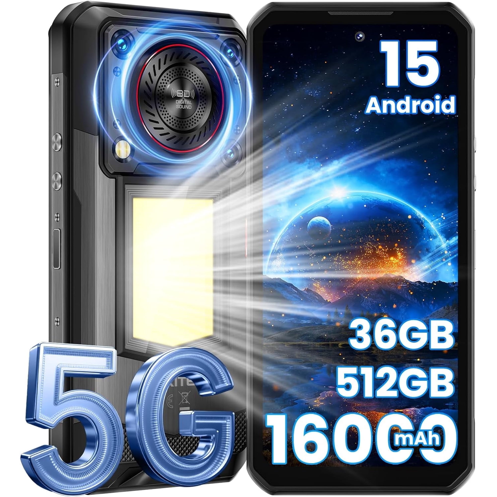 OUKITEL WP56 5G Rugged Smartphone Unlocked - 36GB+512GB/2TB Android 15 Rugged Phone,16000mAh Battery, 1000-Lumen Camping Light, 6.8" FHD+ 120Hz,108MP Camera,128dB Loud Speaker Waterproof, NFC/GPS/OTG
