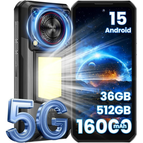 OUKITEL WP56 5G Rugged Smartphone Unlocked - 36GB 512GB/2TB Android 15 Rugged Phone,16000mAh Battery, 1000-Lumen Camping Light, 6.8" FHD 120Hz,108MP Camera,128dB Loud Speaker Waterproof, NFC/GPS/OTG