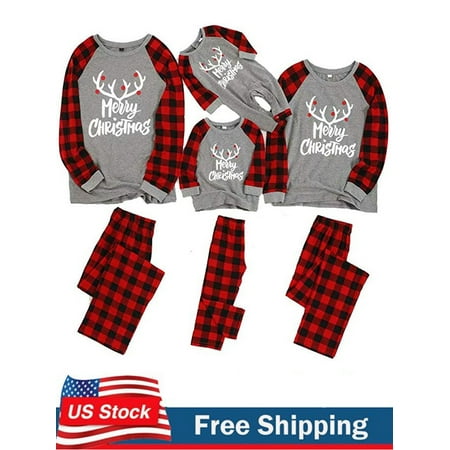 

Sunisery Christmas Family Matching Pajamas Sets Adult Kids Baby Plaid Pants+Top Letter Print PJs Sleepwear Outfits