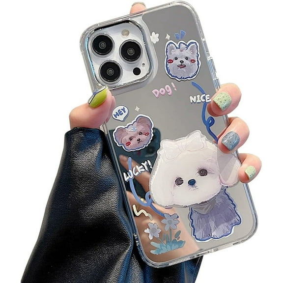 iPhone14 Pro 6.1'' Mirror Case with Hand Stand Holder Flexible Cute Case Soft Print Silicone Clear Makeup Mirror Women Girls Shockproof Protect Cover Case for iPhone 14 Pro (Cute Dog)