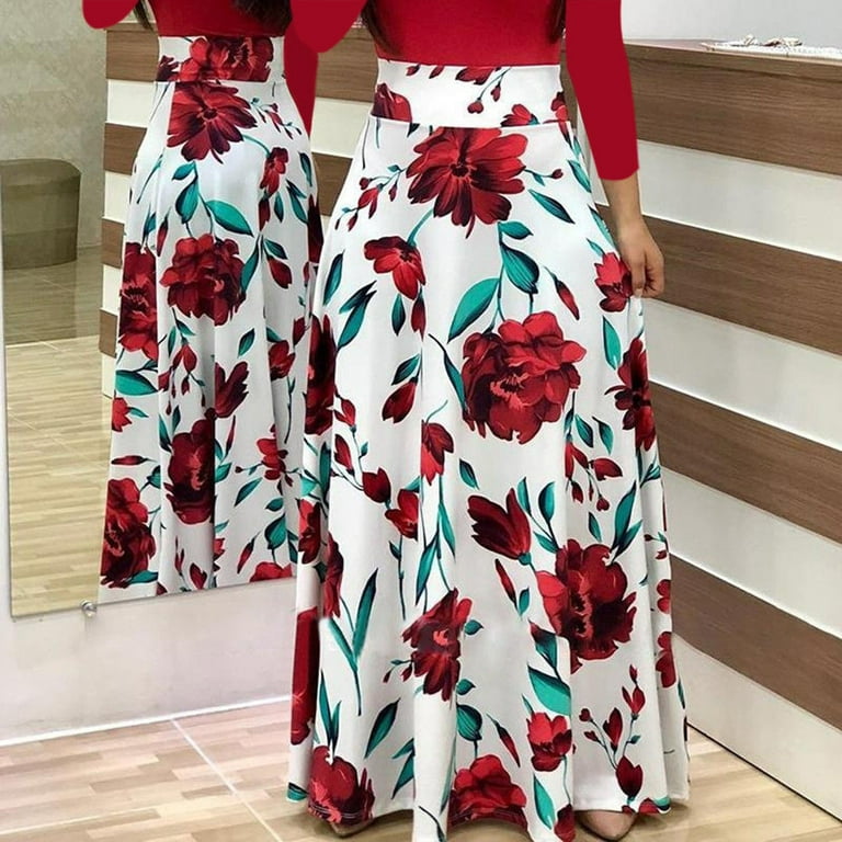 Red Summer Maxi Dresses for Women 2024 Long Sleeve Long Dresses for Women Casual Weekend Womens Midi Dresses With Sleeves Sleeve Casual Dress Women Floral Long Fashion Boho Ladies Print Women s