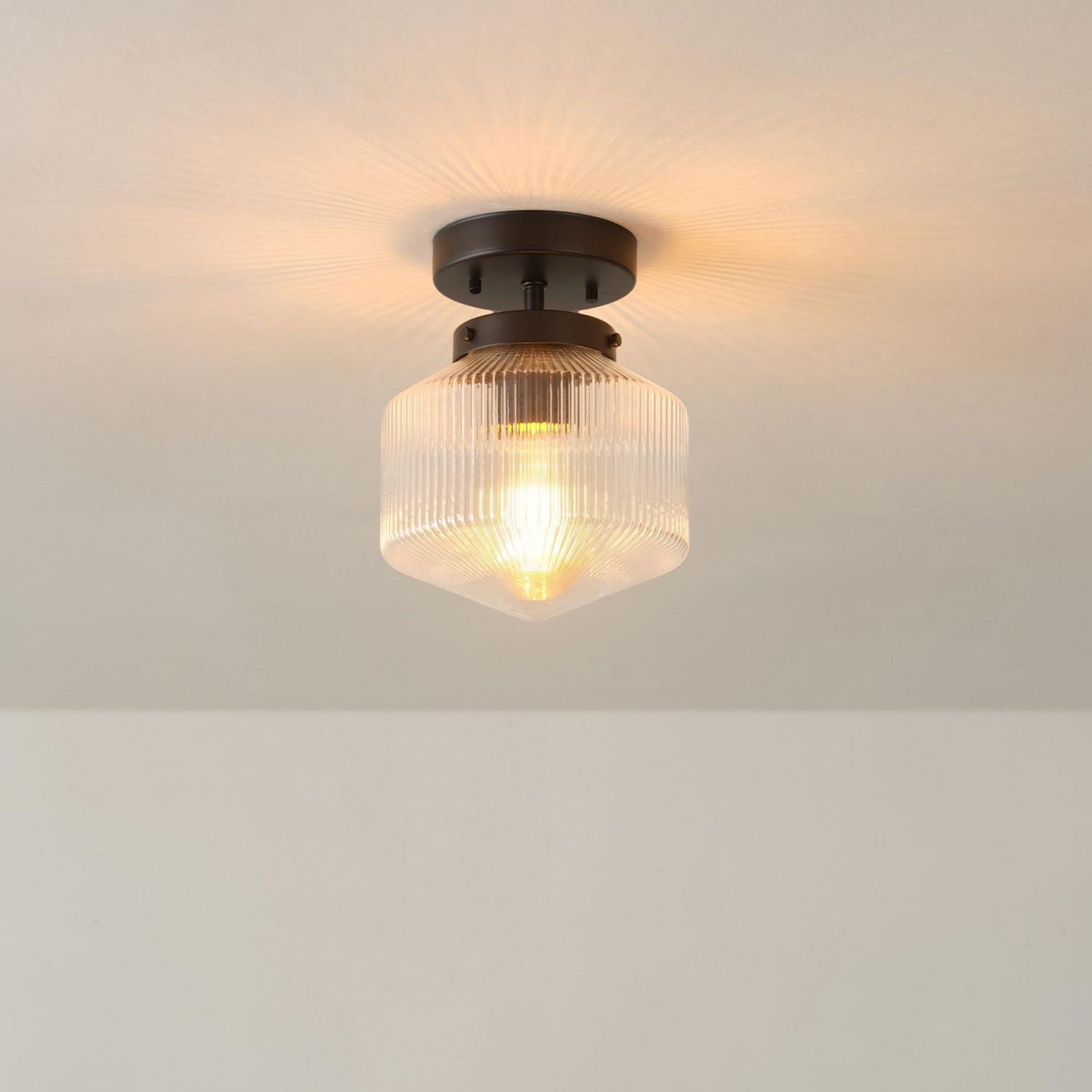1-Light Matte Black Flush Mount Ceiling Light with Ribbed Glass Shade