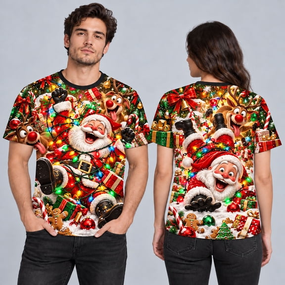 MOVAAX Funny Santa Tangled in Lights 3D-Effect T-Shirt, Unisex Christmas Tee