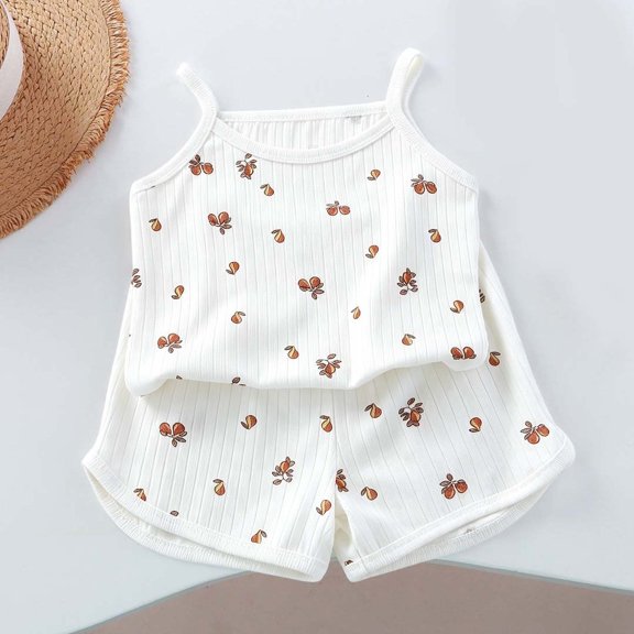 Qingpeng Girls Casual Two Piece Set Strappy Shoulder Graphic Shirt Pull On Shorts Vacation Matching Outfit Set for Kids