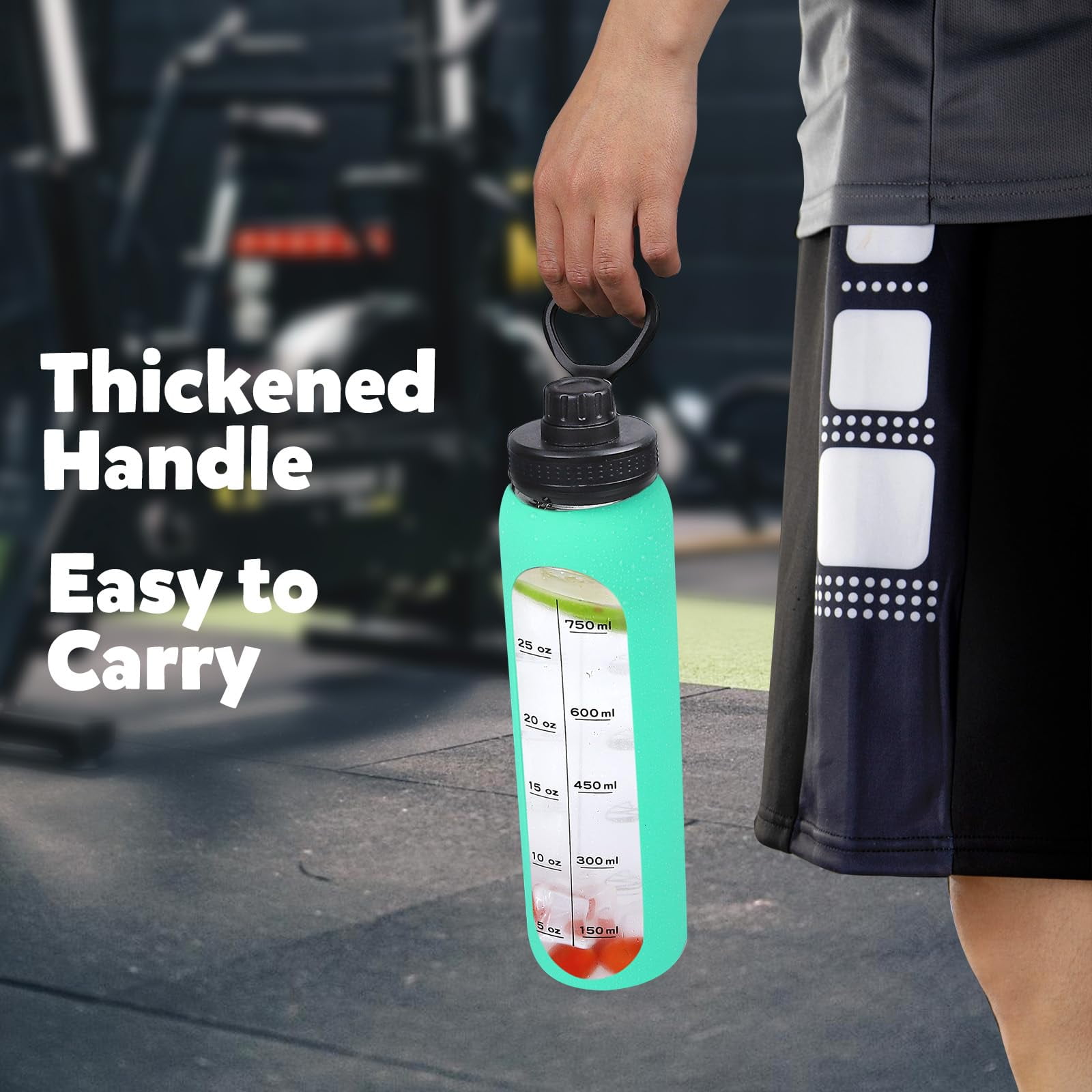 Glass Water Bottles 32oz with Silicone Sleeve Drinking Hydration Bottles Reusable Borosilicate Wide Mouth Motivational Water Flask Canteen with Time Marker Spout Lid and Brush