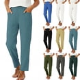 thumbnail image 2 of Women's Straight Leg Versatile Summer Linen Pants, Loose Elastic Waist Dressy Business Casual Trousers with Pockets, 2 of 6